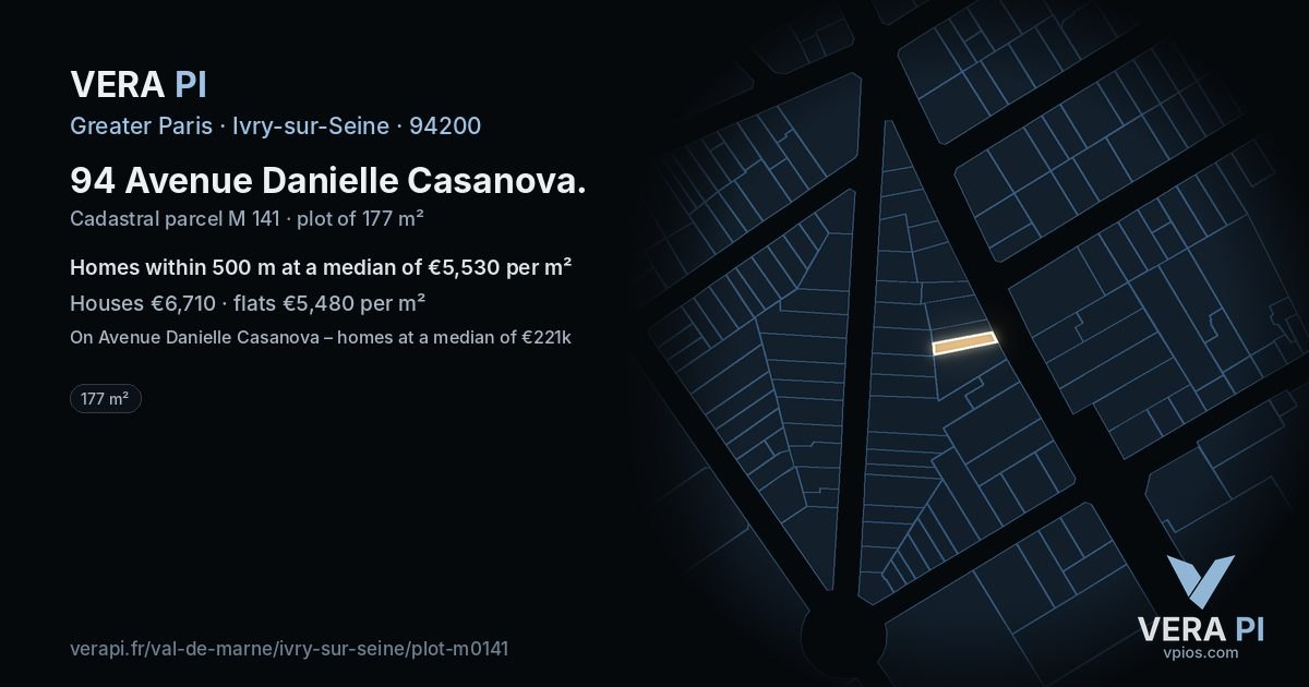 94 Avenue Danielle Casanova, Ivry-sur-Seine at night – the plot lit, the parcels around coloured by the prices near them