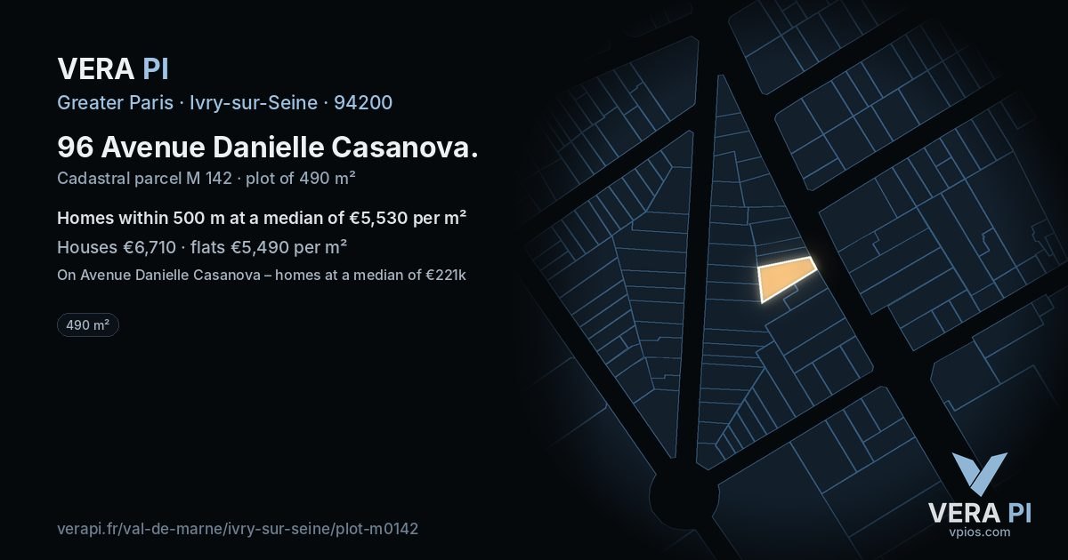 96 Avenue Danielle Casanova, Ivry-sur-Seine at night – the plot lit, the parcels around coloured by the prices near them