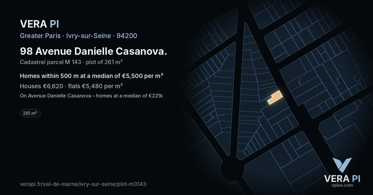 98 Avenue Danielle Casanova, Ivry-sur-Seine at night – the plot lit, the parcels around coloured by the prices near them