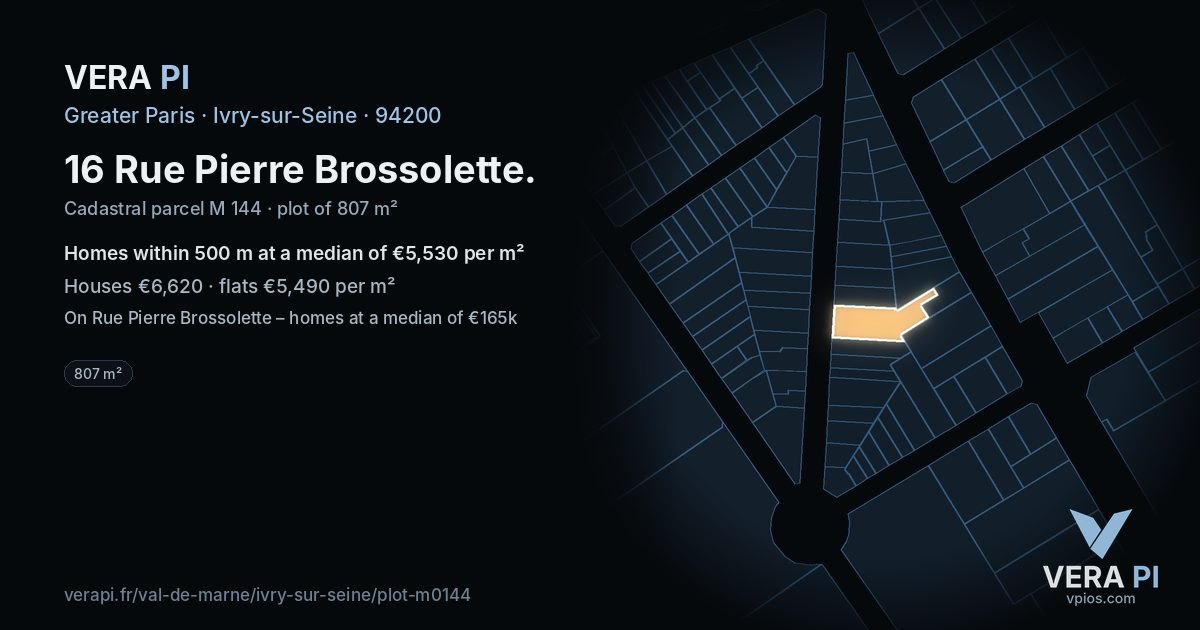 16 Rue Pierre Brossolette, Ivry-sur-Seine at night – the plot lit, the parcels around coloured by the prices near them