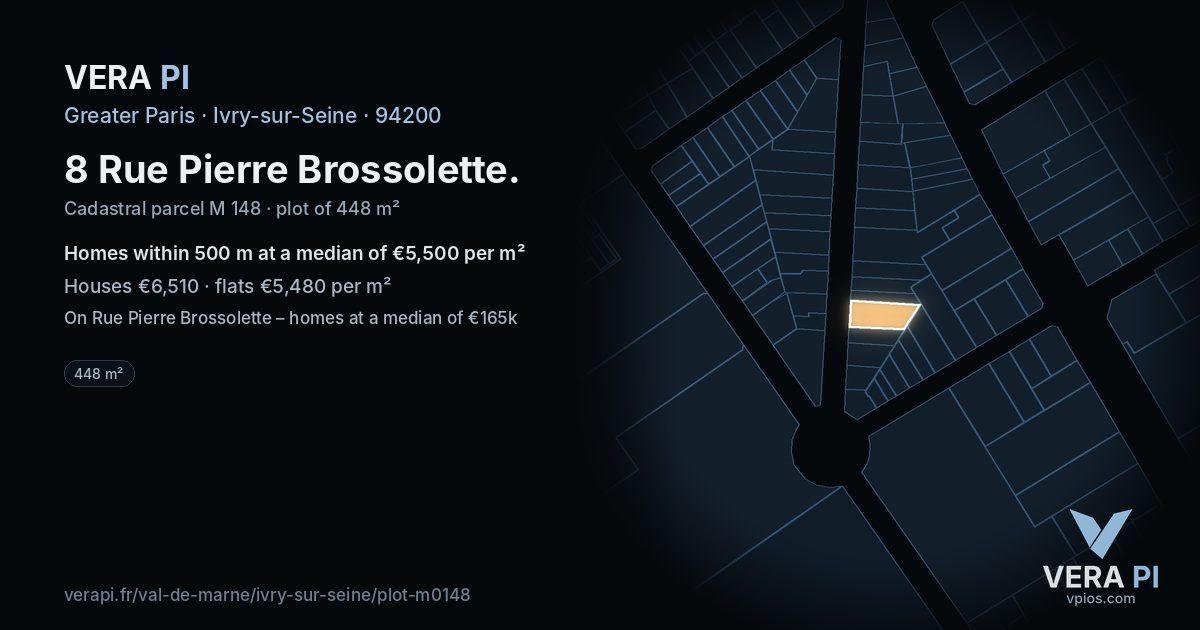 8 Rue Pierre Brossolette, Ivry-sur-Seine at night – the plot lit, the parcels around coloured by the prices near them