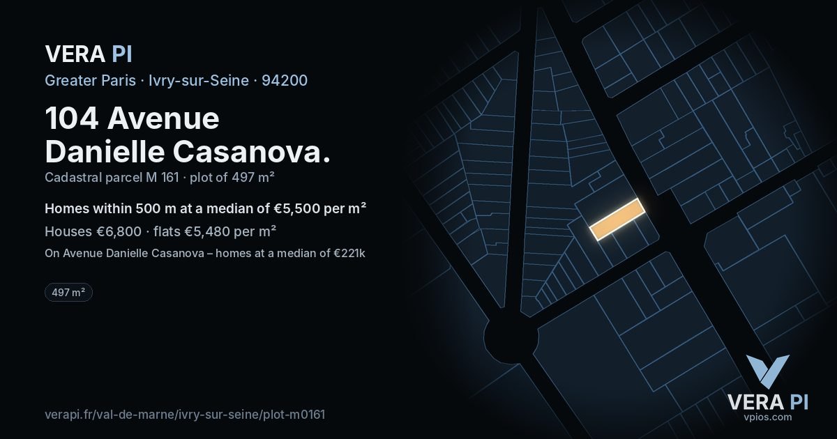 104 Avenue Danielle Casanova, Ivry-sur-Seine at night – the plot lit, the parcels around coloured by the prices near them