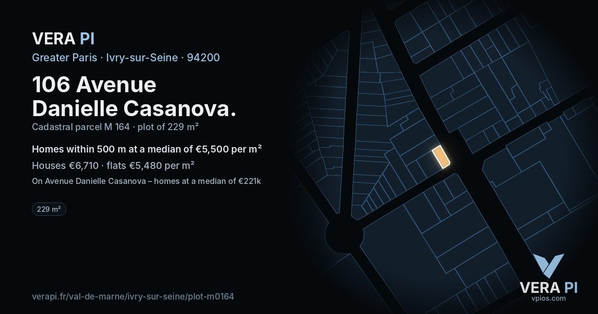 106 Avenue Danielle Casanova, Ivry-sur-Seine at night – the plot lit, the parcels around coloured by the prices near them