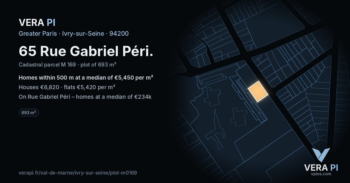65 Rue Gabriel Péri, Ivry-sur-Seine at night – the plot lit, the parcels around coloured by the prices near them