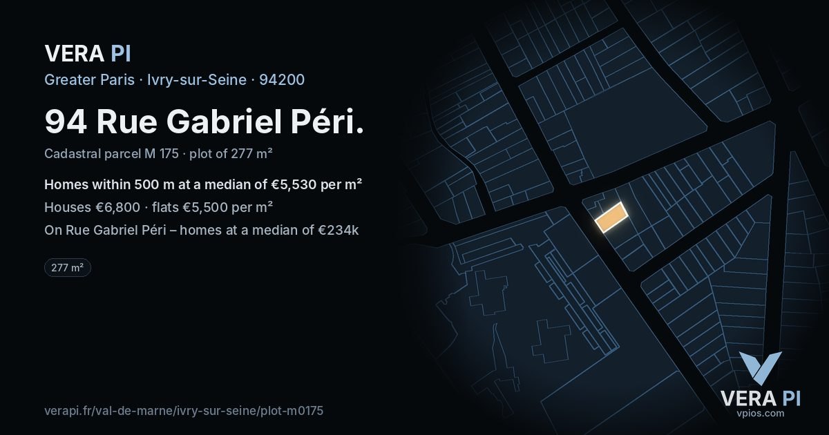 94 Rue Gabriel Péri, Ivry-sur-Seine at night – the plot lit, the parcels around coloured by the prices near them