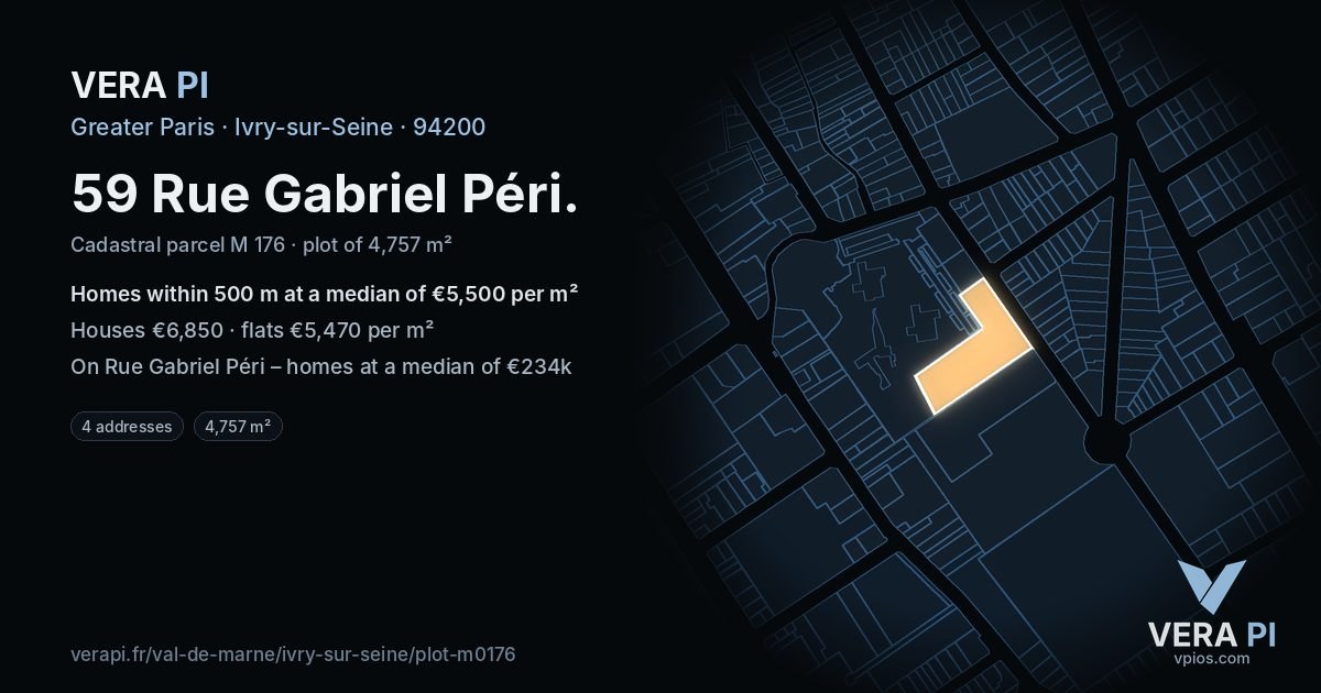 59 Rue Gabriel Péri, Ivry-sur-Seine at night – the plot lit, the parcels around coloured by the prices near them