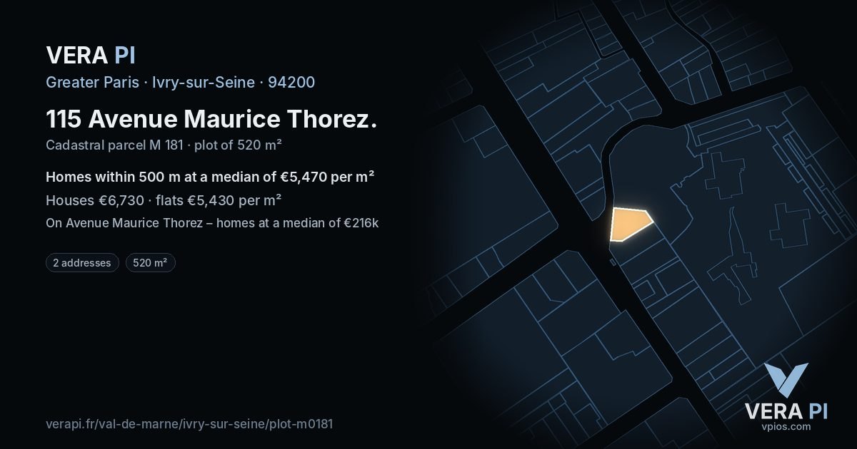 115 Avenue Maurice Thorez, Ivry-sur-Seine at night – the plot lit, the parcels around coloured by the prices near them