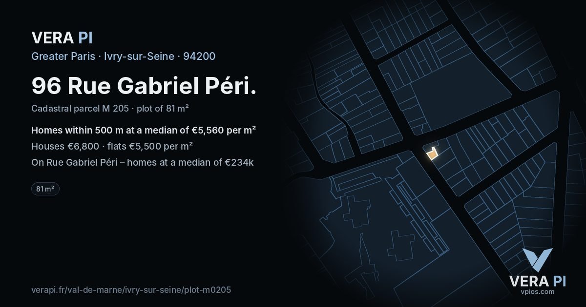 96 Rue Gabriel Péri, Ivry-sur-Seine at night – the plot lit, the parcels around coloured by the prices near them