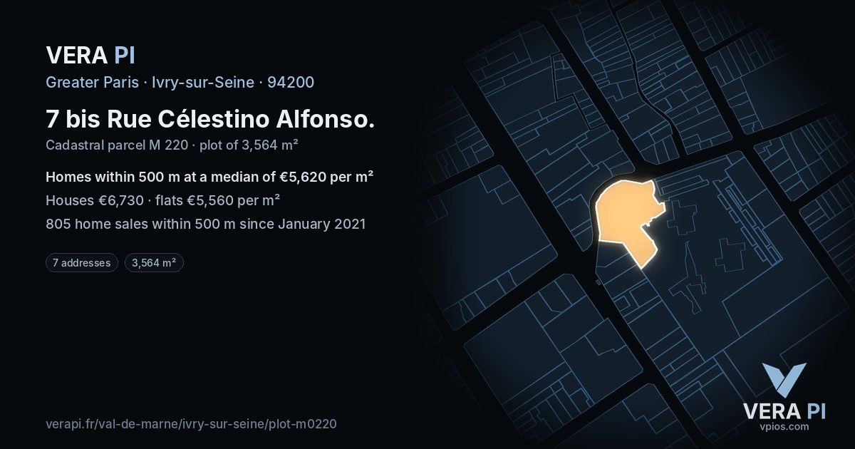 7 bis Rue Célestino Alfonso, Ivry-sur-Seine at night – the plot lit, the parcels around coloured by the prices near them