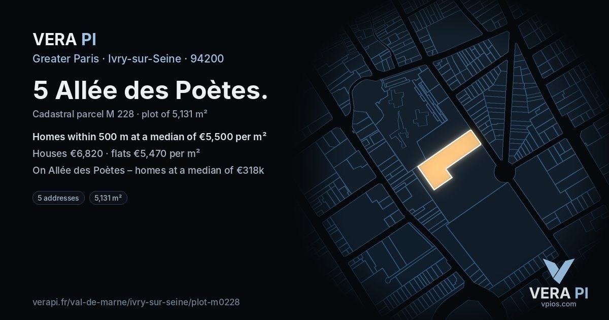 5 Allée des Poètes, Ivry-sur-Seine at night – the plot lit, the parcels around coloured by the prices near them