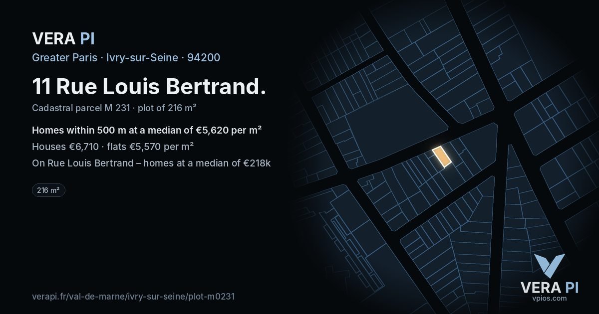 11 Rue Louis Bertrand, Ivry-sur-Seine at night – the plot lit, the parcels around coloured by the prices near them