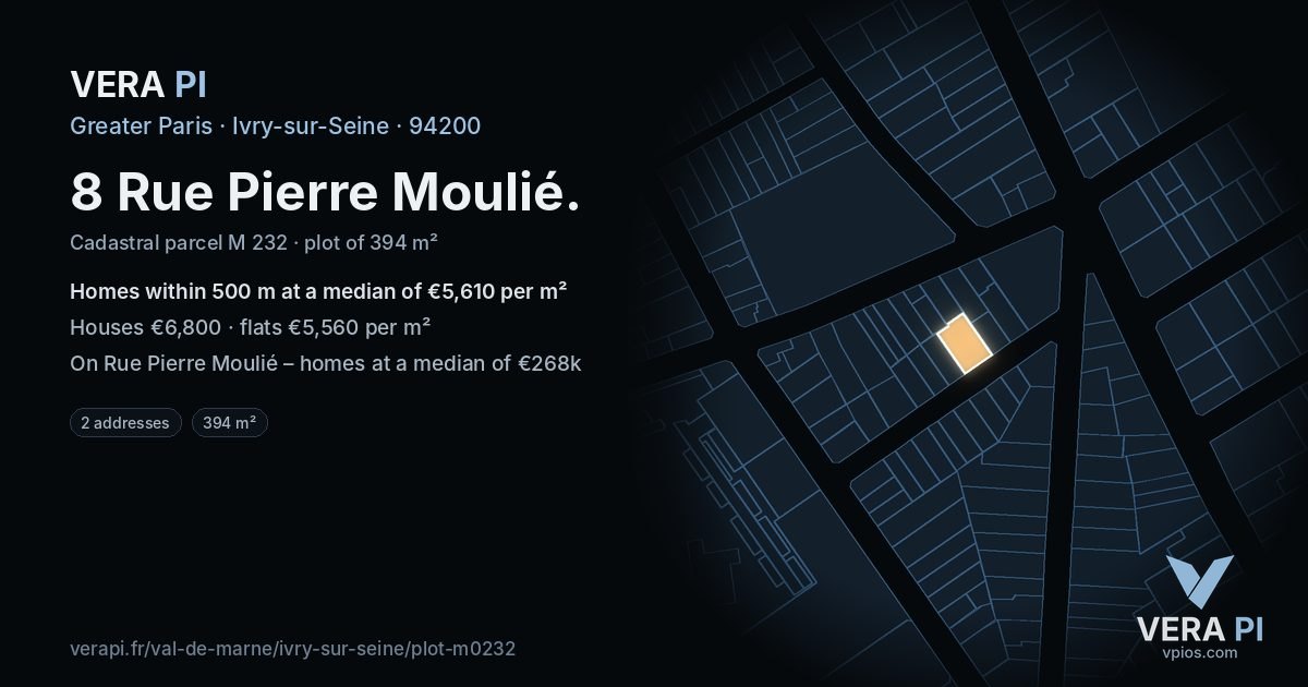 8 Rue Pierre Moulié, Ivry-sur-Seine at night – the plot lit, the parcels around coloured by the prices near them