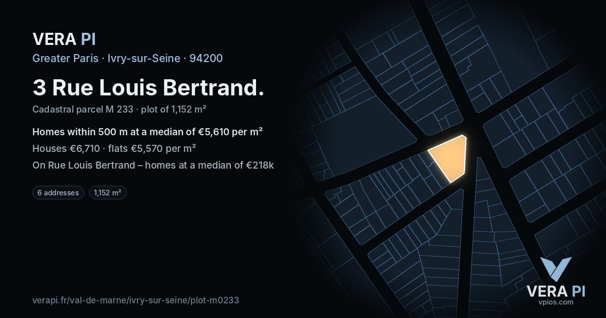 3 Rue Louis Bertrand, Ivry-sur-Seine at night – the plot lit, the parcels around coloured by the prices near them