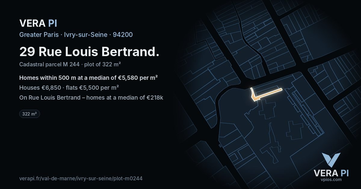 29 Rue Louis Bertrand, Ivry-sur-Seine at night – the plot lit, the parcels around coloured by the prices near them