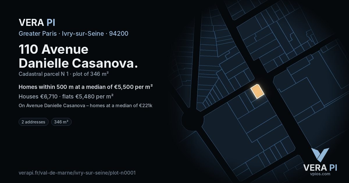 110 Avenue Danielle Casanova, Ivry-sur-Seine at night – the plot lit, the parcels around coloured by the prices near them