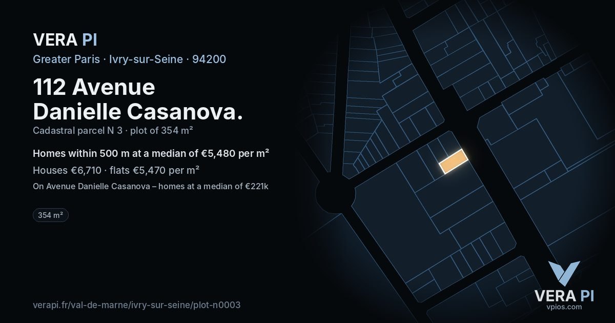 112 Avenue Danielle Casanova, Ivry-sur-Seine at night – the plot lit, the parcels around coloured by the prices near them
