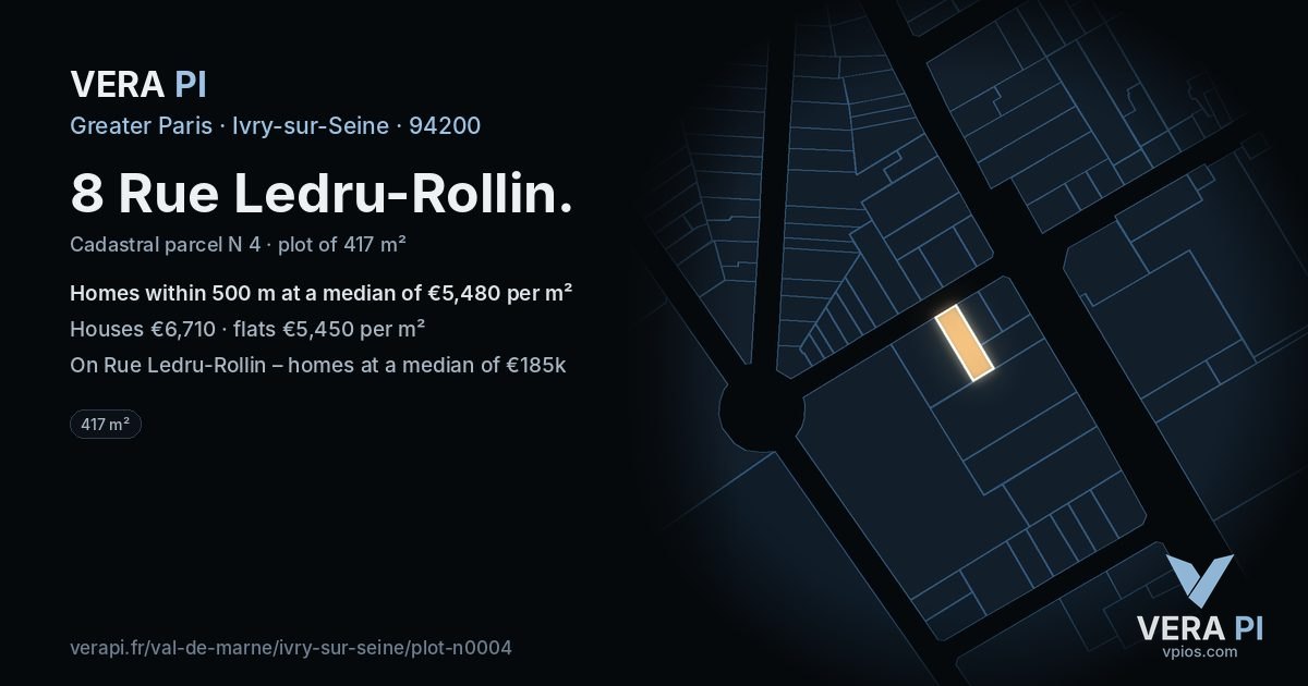 8 Rue Ledru-Rollin, Ivry-sur-Seine at night – the plot lit, the parcels around coloured by the prices near them