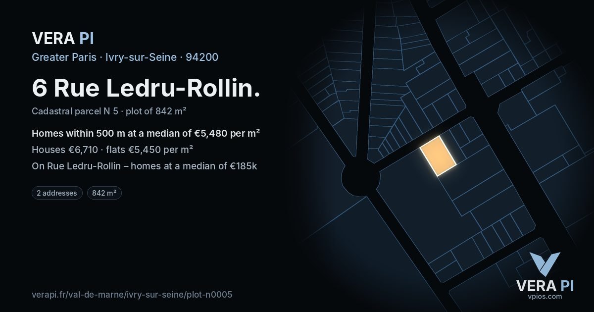 6 Rue Ledru-Rollin, Ivry-sur-Seine at night – the plot lit, the parcels around coloured by the prices near them