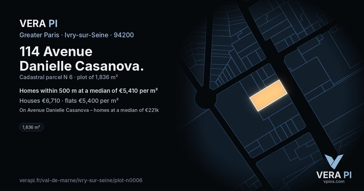 114 Avenue Danielle Casanova, Ivry-sur-Seine at night – the plot lit, the parcels around coloured by the prices near them