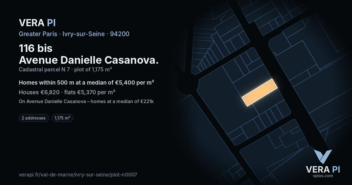 116 bis Avenue Danielle Casanova, Ivry-sur-Seine at night – the plot lit, the parcels around coloured by the prices near them