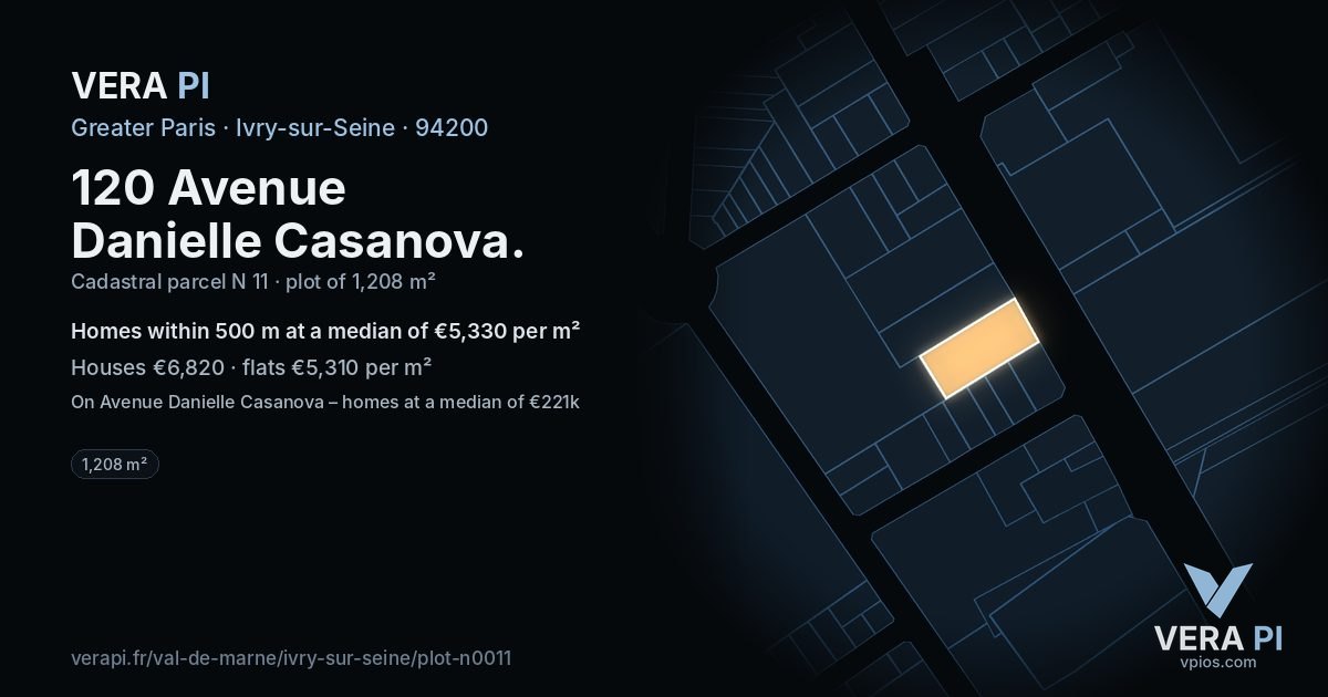 120 Avenue Danielle Casanova, Ivry-sur-Seine at night – the plot lit, the parcels around coloured by the prices near them