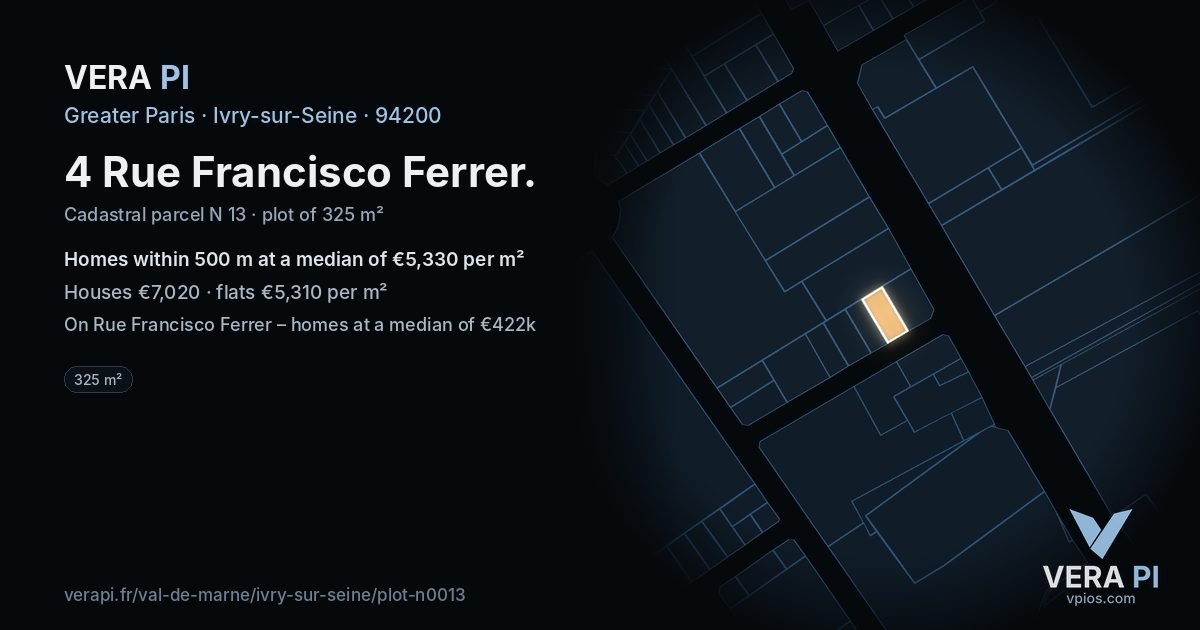 4 Rue Francisco Ferrer, Ivry-sur-Seine at night – the plot lit, the parcels around coloured by the prices near them