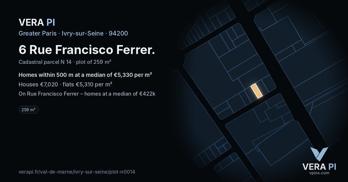6 Rue Francisco Ferrer, Ivry-sur-Seine at night – the plot lit, the parcels around coloured by the prices near them