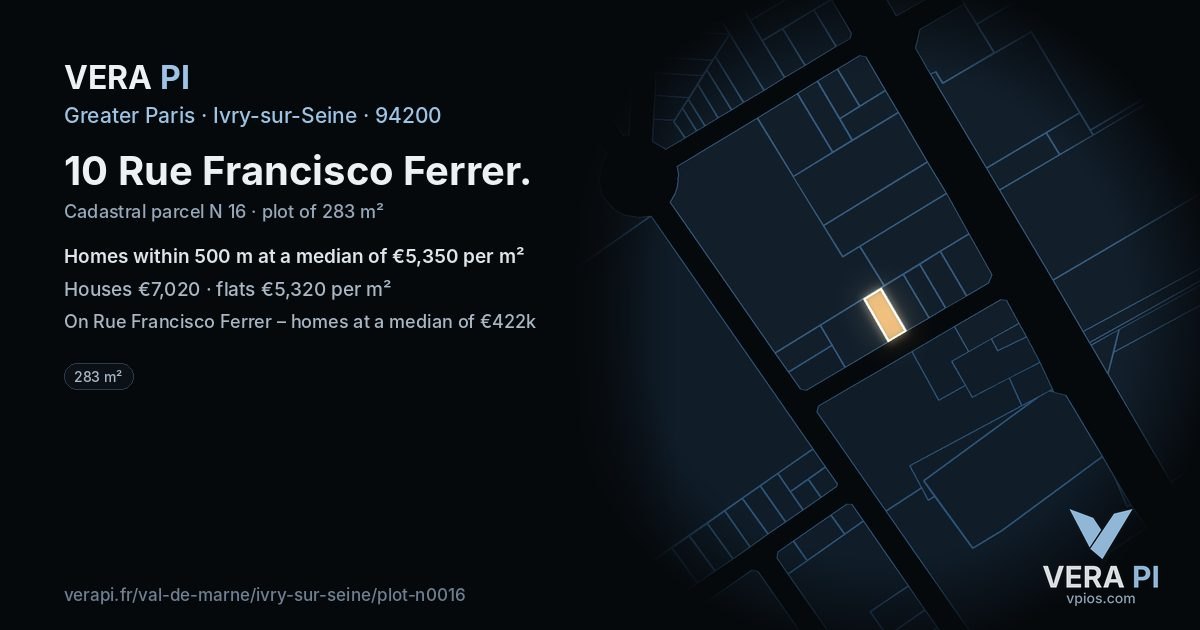 10 Rue Francisco Ferrer, Ivry-sur-Seine at night – the plot lit, the parcels around coloured by the prices near them