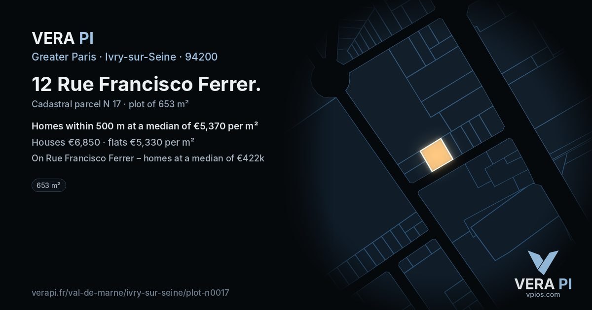 12 Rue Francisco Ferrer, Ivry-sur-Seine at night – the plot lit, the parcels around coloured by the prices near them