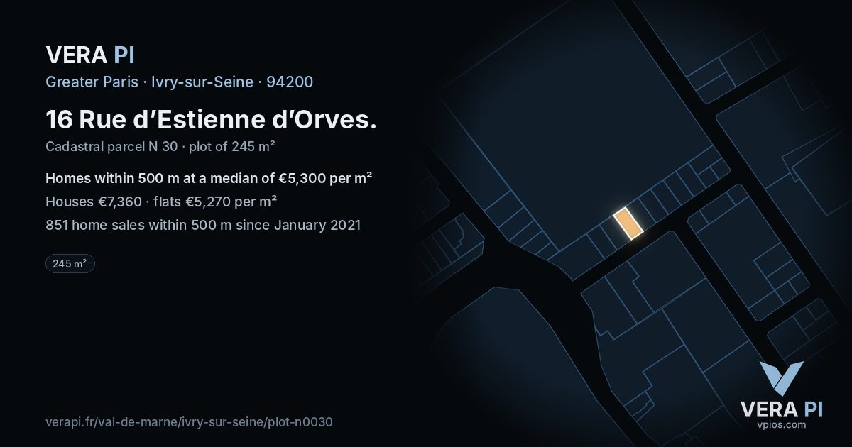 16 Rue d’Estienne d’Orves, Ivry-sur-Seine at night – the plot lit, the parcels around coloured by the prices near them