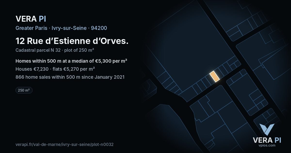 12 Rue d’Estienne d’Orves, Ivry-sur-Seine at night – the plot lit, the parcels around coloured by the prices near them