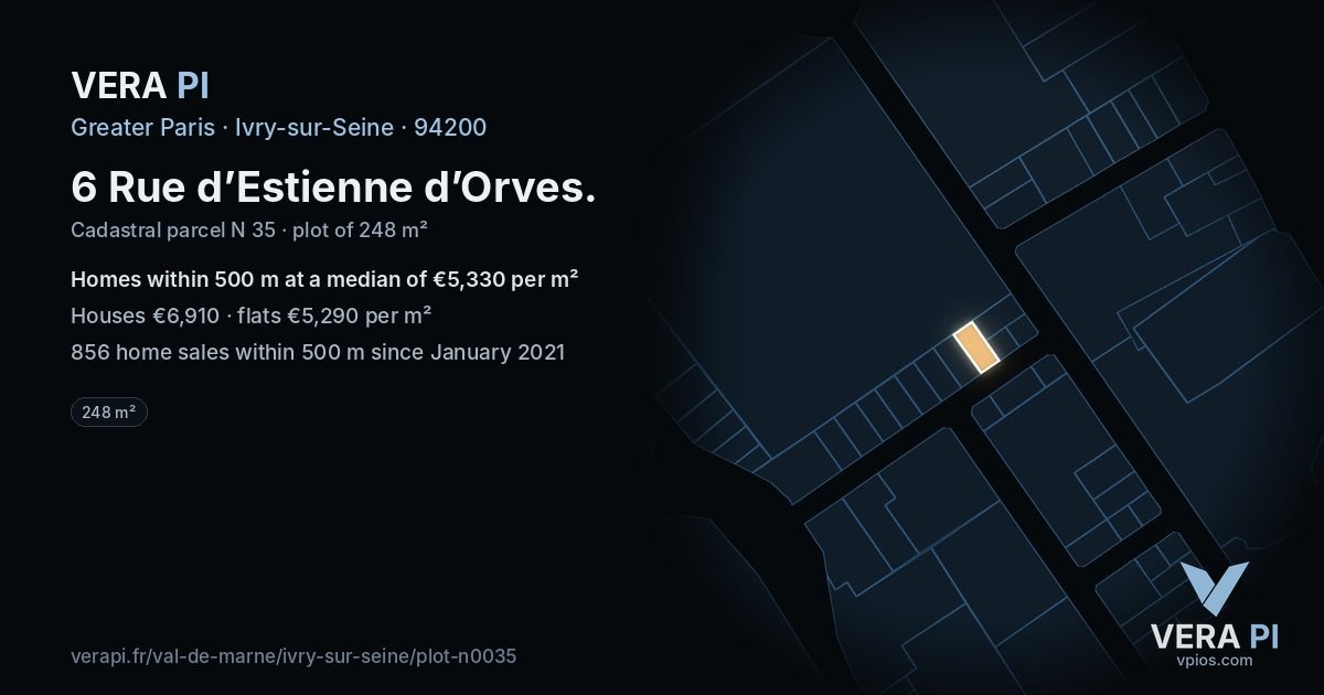 6 Rue d’Estienne d’Orves, Ivry-sur-Seine at night – the plot lit, the parcels around coloured by the prices near them