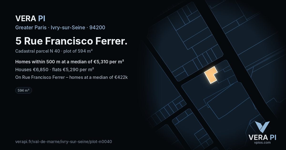 5 Rue Francisco Ferrer, Ivry-sur-Seine at night – the plot lit, the parcels around coloured by the prices near them
