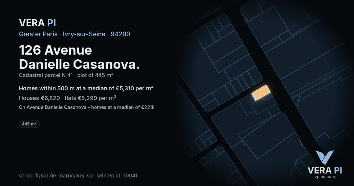 126 Avenue Danielle Casanova, Ivry-sur-Seine at night – the plot lit, the parcels around coloured by the prices near them