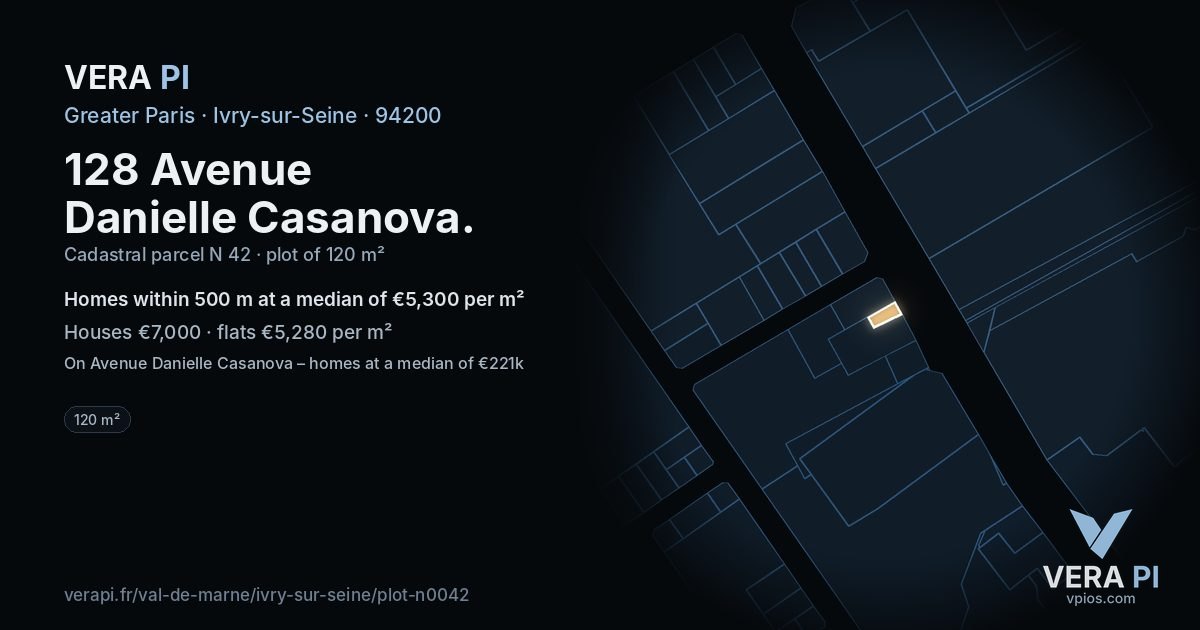 128 Avenue Danielle Casanova, Ivry-sur-Seine at night – the plot lit, the parcels around coloured by the prices near them