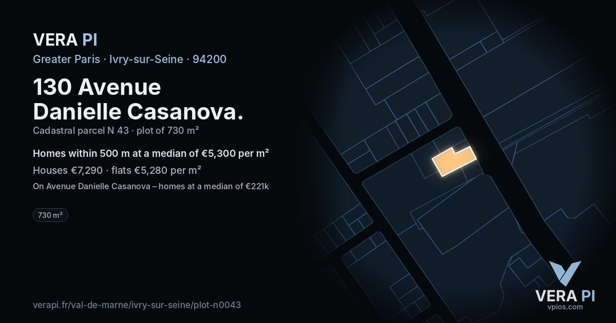 130 Avenue Danielle Casanova, Ivry-sur-Seine at night – the plot lit, the parcels around coloured by the prices near them