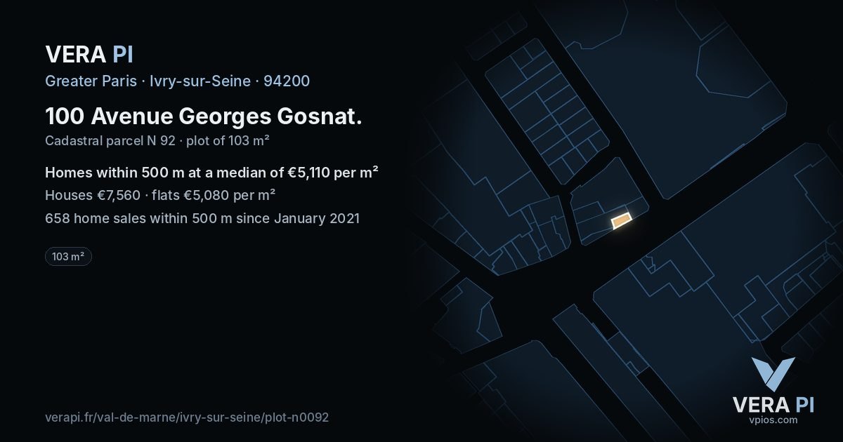 100 Avenue Georges Gosnat, Ivry-sur-Seine at night – the plot lit, the parcels around coloured by the prices near them