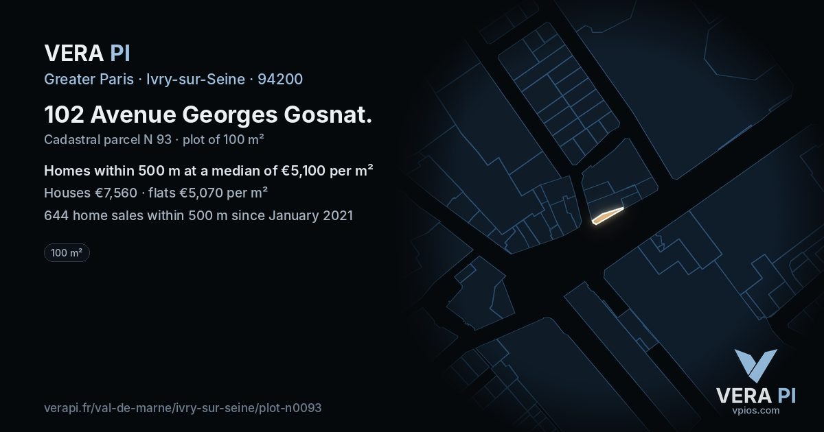 102 Avenue Georges Gosnat, Ivry-sur-Seine at night – the plot lit, the parcels around coloured by the prices near them