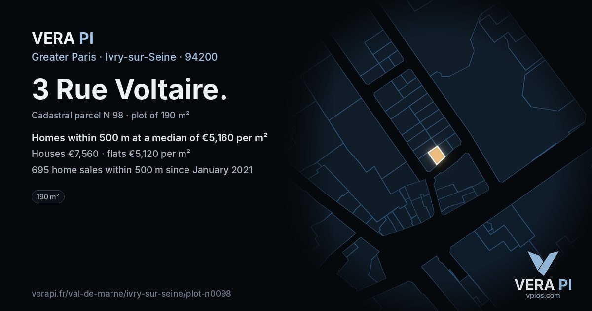 3 Rue Voltaire, Ivry-sur-Seine at night – the plot lit, the parcels around coloured by the prices near them