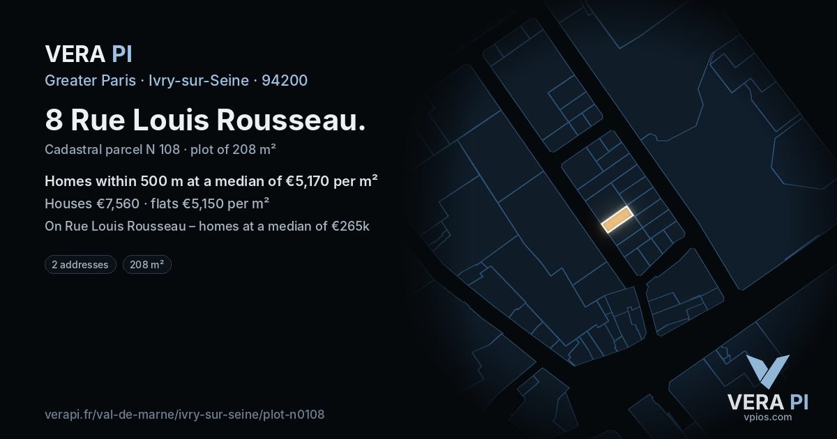 8 Rue Louis Rousseau, Ivry-sur-Seine at night – the plot lit, the parcels around coloured by the prices near them