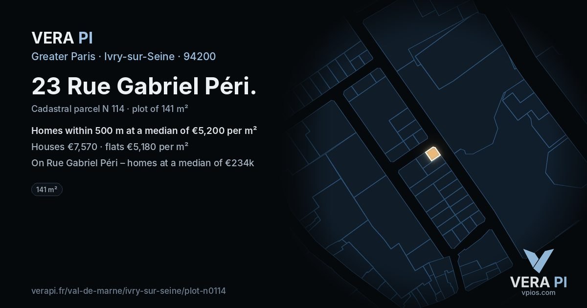 23 Rue Gabriel Péri, Ivry-sur-Seine at night – the plot lit, the parcels around coloured by the prices near them