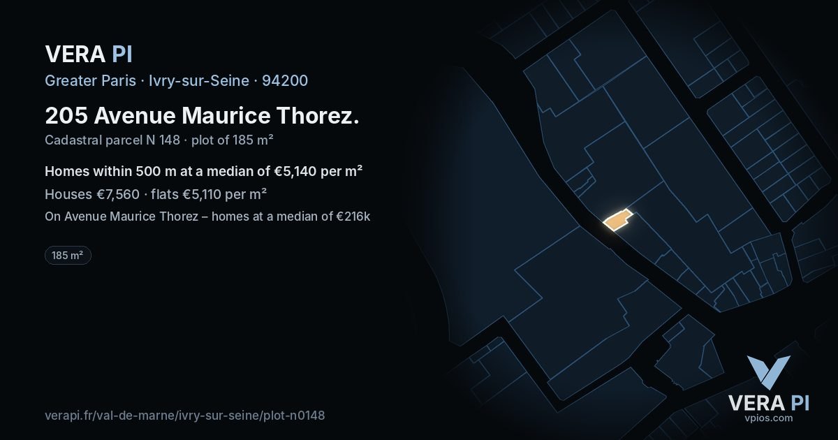 205 Avenue Maurice Thorez, Ivry-sur-Seine at night – the plot lit, the parcels around coloured by the prices near them