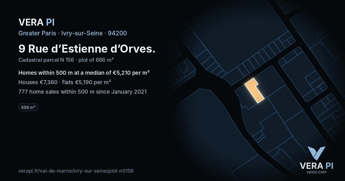 9 Rue d’Estienne d’Orves, Ivry-sur-Seine at night – the plot lit, the parcels around coloured by the prices near them