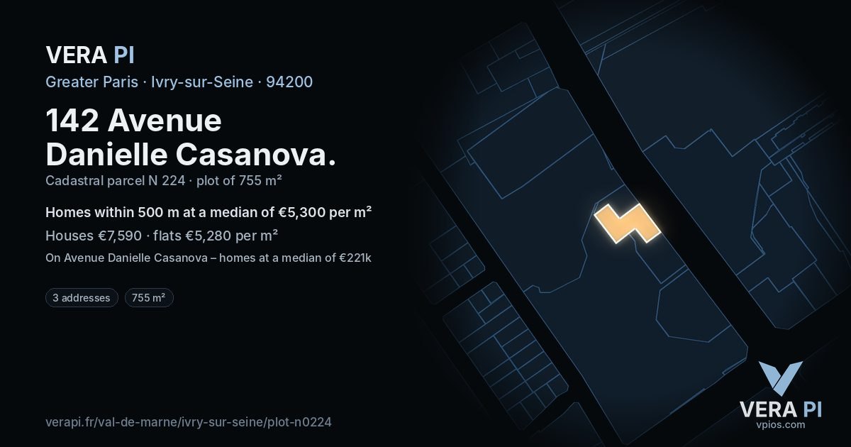 142 Avenue Danielle Casanova, Ivry-sur-Seine at night – the plot lit, the parcels around coloured by the prices near them