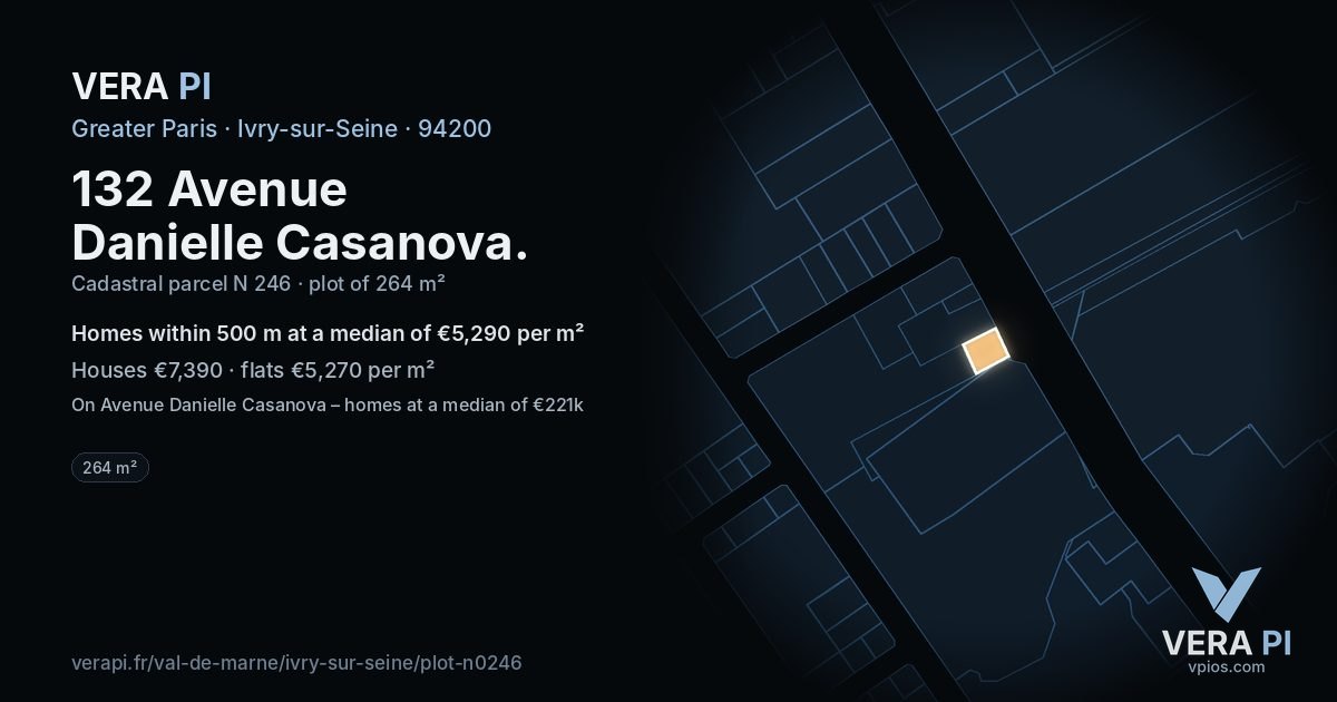 132 Avenue Danielle Casanova, Ivry-sur-Seine at night – the plot lit, the parcels around coloured by the prices near them
