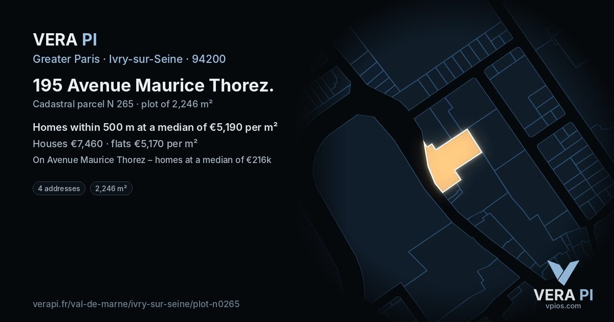 195 Avenue Maurice Thorez, Ivry-sur-Seine at night – the plot lit, the parcels around coloured by the prices near them