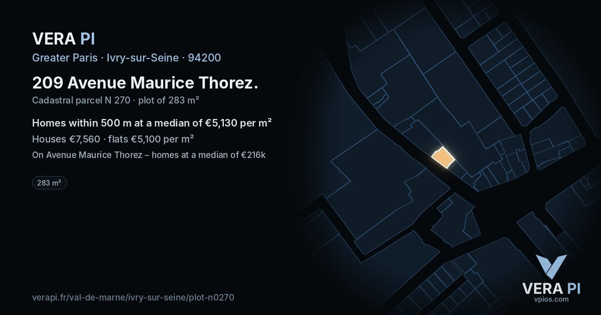 209 Avenue Maurice Thorez, Ivry-sur-Seine at night – the plot lit, the parcels around coloured by the prices near them
