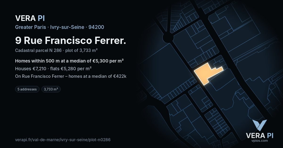 9 Rue Francisco Ferrer, Ivry-sur-Seine at night – the plot lit, the parcels around coloured by the prices near them