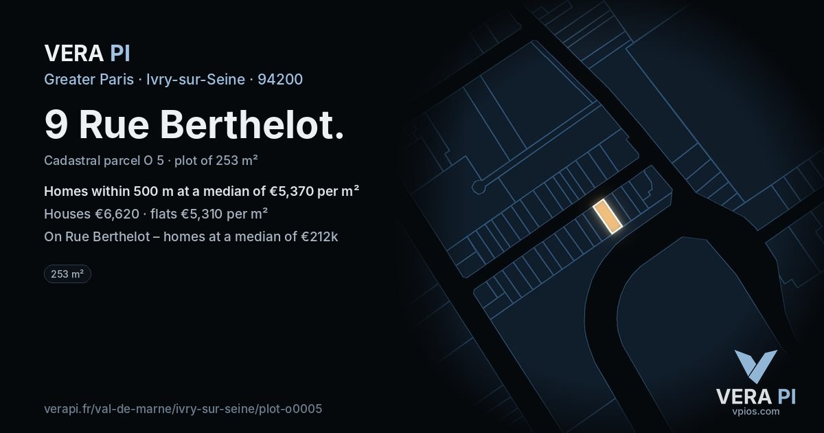 9 Rue Berthelot, Ivry-sur-Seine at night – the plot lit, the parcels around coloured by the prices near them