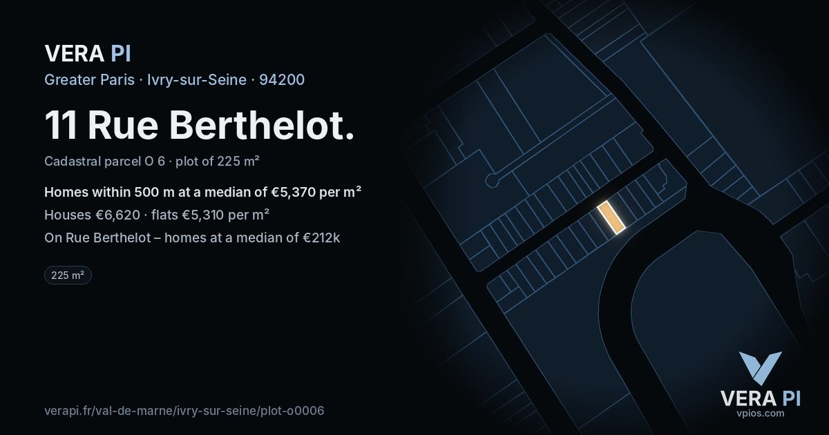 11 Rue Berthelot, Ivry-sur-Seine at night – the plot lit, the parcels around coloured by the prices near them